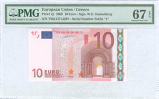 GREECE: 10 Euro (2002) in red and multicolor. Serial no "Y02127712294". Banknotes code "F001B1". Signature by Willem Duisenberg. Inside plastic folder...