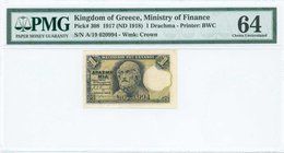 GREECE: 1 Drachma (27.10.1917 - 1918 issued) in black on light green and pink unpt with Homer at center. Printed by BWC. WMK: Crown. Inside plastic fo...