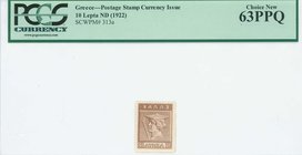 GREECE: 10 Lepta (ND 1922) postage stamp currency issue in brown with Hermes. Same on back. Square perforation. Inside plastic folder by PCGS "Choice ...