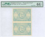 GREECE: Color proof of face of 20 Drachmas (9.11.1944) in pair only in blue color. Uniface. Inside plastic folder by PMG "Choice Uncirculated 64 - Exc...