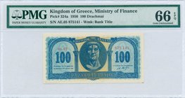 GREECE: 100 Drachmas (10.7.1950) in blue on orange unpt with Constantine the Great at center. Inside plastic folder by PMG "Gem Uncirculated 66 - EPQ"...