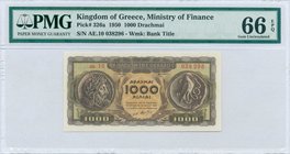 GREECE: 1000 Drachmas (10.7.1950) in brown on orange and green unpt with ancient coins at left and right. Serial no "αε.10 038296". Inside plastic fol...