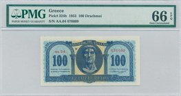 GREECE: 100 Drachmas (1.11.1953) in blue on orange unpt with Constantine the Great at center. Inside plastic folder by PMG "Gem Uncirculated 66 - EPQ"...