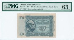 GREECE: 100 Drachmas (18.12.1944) Provisional treasury note, issued in Kerkyra. Red ovpt on back of 100 Drachmas (ND 1941 / Pick M15). Serial no "6106...