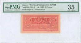 GREECE: 5 Reichspfennig (ND 1941) in red with eagle with small swastika in unpt at center, Wermacht notes of German armed forces. Red cachet "ΕΛΛΗΝΙΚΗ...