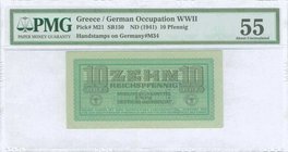 GREECE: 10 Reichspfennig (ND 1941) in green with eagle with small swastika in unpt at center, Wermacht notes of German armed forces. Red cachet "ΕΛΛΗΝ...