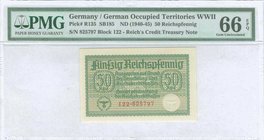 GREECE: 50 Reichspfennig (ND 1940-45) in green on tan unpt, German treasury notes issued for occupied teritories. Serial no "122-825797". Embossed sta...