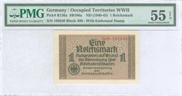 GREECE: 1 Reichsmark (ND 1940-45) in greenish black on brown and multicolor unpt, German treasury notes issued for occupied teritories. Serial no "308...