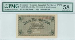 GREECE: 2 Reichsmark (ND 1940-45) in grayish brown on green and tan unpt, German treasury notes issued for occupied teritories. Serial no "V-2781530"....