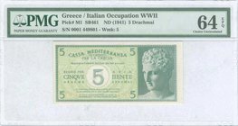 GREECE: 5 Drachmas (ND 1941) by "CASSA MEDITERRANEA DI CREDITO PER LA GRECIA" in green with Hermes of Praxiteles at right. Serial no "0001 449801". Pr...