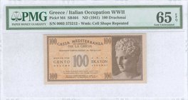 GREECE: 100 Drachmas (ND 1941) by "CASSA MEDITERRANEA DI CREDITO PER LA GRECIA" in brown on orange unpt with Hermes of Praxiteles at right. Serial no ...