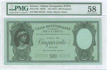 GREECE: 500 Drachmas (ND 1941) by "CASSA MEDITERRANEA DI CREDITO PER LA GRECIA" in dark green with Michelangelos David at left. Serial no "0003 397348...