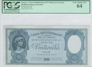 GREECE: 20000 Drachmas (ND 1941) by "CASSA MEDITERRANEA DI CREDITO PER LA GRECIA" in blue with Michelangelos David at left. Serial no "0001 074219". W...