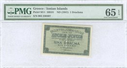 GREECE: 1 Drachma (ND 1941) by "ISOLE JONIE" in dark green. Serial no "003 230407". Printed in Italy. Inside plastic folder by PMG "Gem Uncirculated 6...
