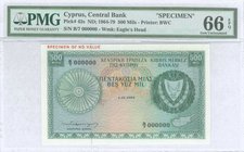 CYPRUS: 500 Mils (1.12.1964) in green on multicolor unpt with Arms at right. Red ovpt "SPECIMEN OF NO VALUE" on upper margin at face. Printed by BWC. ...