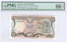 CYPRUS: 1 Pound (1.6.1979) in dark brown and brown on multicolor unpt with mosaic of Nymph Acme at right and Arms at top left center. WMK: Moufflons h...