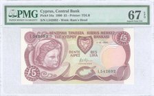 CYPRUS: 5 Pounds (1.10.1990) in violet on multicolor unpt with limestone head from Hellenistic period at left. WMK: Mouflon head. Printed by TDLR (wit...