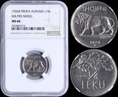 ALBANIA: Prova of 1/4 Leku (1926R) in nickel. Obv: Lion advancing left. Rev: Oak branch above value. Inside slab by NGC "MS 66". Top grade in both com...