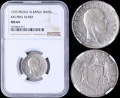 ALBANIA: Prova of 1 Frang Ar (1935) in silver (0,835). Obv: Zog I. Rev: Kings Arms, value below. Inside slab by NGC "MS 64". (KM Pr42).