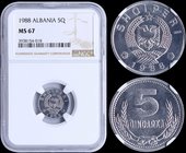 ALBANIA: 5 Qindarka (1988) in aluminum. Obv: National arms. Rev: Value between wheat. Inside slab by NGC "MS 67". (KM 71).