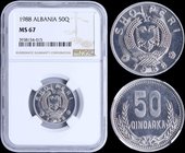 ALBANIA: 50 Qindarka (1988) in aluminum. Obv: National arms. Rev: Value at center between wheat. Inside slab by NGC "MS 67". (KM 72).
