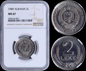 ALBANIA: 2 Leke (1989) in copper-nickel. Obv: National arms. Rev: Large value above wheat within beaded circle. Inside slab by NGC "MS 67". (KM 73).