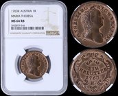 AUSTRIA: 1 Kreuzer (1763 K) in copper. Obv: Maria Theresa facing right. Inside slab by NGC "MS 64 RB". Top grade in both companies. (KM 1993).