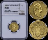 AUSTRIA: 1 Ducat (1828 B) in gold (0,986). Obv: Ribbons on wreath forward across neck. Rev: Crowned imperial double eagle. Inside slab by NGC "MS 61"....
