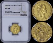 AUSTRIA: 1 Ducat (1833 A) in gold (0,986). Obv: Ribbons on wreath behind neck. Rev: Crowned imperial double eagle. Inside slab by NGC "AU 58". (KM 217...