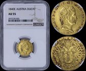 AUSTRIA: 1 Ducat (1840 E) in gold (0,986). Obv: Ferdinand I. Rev: Crowned imperial double eagle. Inside slab by NGC "AU 55". (KM 2262).