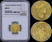 AUSTRIA: 1 Ducat (1847 B) in gold (0,986). Obv: Ferdinand I. Rev: Crowned imperial double eagle. Inside slab by NGC "MS 61". (KM 2262).