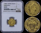 AUSTRIA: 1 Ducat (1848 A) in gold (0,986). Obv: Ferdinand I. Rev: Crowned imperial double eagle. Inside slab by NGC "AU 55". (KM 2262).