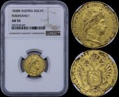 AUSTRIA: 1 Ducat (1848 B) in gold (0,986). Obv: Ferdinand I. Rev: Crowned imperial double eagle. Inside slab by NGC "AU 55". (KM 2262).