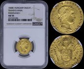 AUSTRIA (HUNGARY - TRANSYLVANIA): 1 Ducat (1848 E) in gold (0,986). Obv: Ferdinand I. Rev: Crowned imperial double eagle. Inside slab by NGC "AU 55". ...