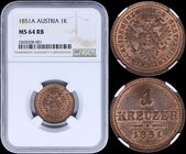 AUSTRIA: 1 Kreuzer (1851 A) in copper. Obv: Crowned imperial double eagle. Rev: Denomination. Inside slab by NGC "MS 64 RB". (KM 2185).