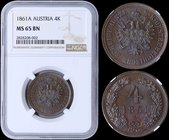 AUSTRIA: 4 Kreuzer (1861 A) in copper. Obv: Crowned imperial double eagle. Rev: Denomination and date within wreath. Inside slab by NGC "MS 65 BN". To...
