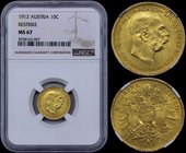 AUSTRIA: 10 Corona (1912) (Restrike) in gold (0,900). Obv: Franz Joseph I. Rev: Crowned double eagle, date and value at bottom. Inside slab by NGC "MS...