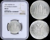 AUSTRIA: 2 Schilling (1937) in silver (0,640) commemorating the Bicentennial-Completion of St Charles church. Obv: Haloed double eagle with Austrian s...