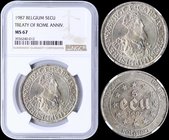 BELGIUM: 5 Ecu (1987) in silver (0,833) commemorating the 30th Anniversary of Treaties of Rome. Obv: Denomination, date and stars within circle. Rev: ...