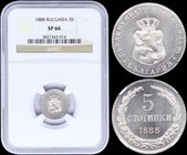 BULGARIA: 5 Stotinki (1888) in copper-nickel. Obv: Crowned arms within circle. Rev: Denomination within wreath. Inside slab by NGC "SP 66". (KM 9) & (...
