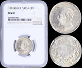 BULGARIA: 1 Lev (1891 KB) in silver (0,835). Obv: Ferdinand I. Rev: Denomination within wreath. Inside slab by NGC "MS 61". (KM 13) & (Nikolov 14).