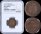 DENMARK: 6 Skilling (1813) in copper. Obv: Crowned arms of Denmark, Norway and Holstein. Rev: Value and date. Inside slab by NGC "UNC DETAILS - TOOLED...