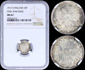 FINLAND: 25 Pennia (1917 S) (Civil war issue) in silver (0,750). Obv: Imperial double eagle with scepter and orb. Rev: Denomination and date within wr...