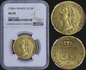 FRANCE: 2 Luis Dor (1786 A) in gold (0,917). Obv: Head of Luis XVI. Rev: Crown above arms of France and Navarre in shields. Inside slab by NGC "AU 50"...