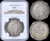 FRANCE: 5 Francs (1834A) in silver (0,900). Obv: Laureate head facing right. Rev: Mint marks at edge outside wreath. Inside slab by NGC "MS 63". Top g...