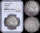 FRANCE: 5 Francs (1867 BB) in silver (0,900). Obv: Napoleon III. Rev: Crowned and mantled arms divide denomination. Mint: Strasbourg. Inside slab by N...