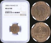 FRANCE: 2 Centimes (1885 A) in bronze. Obv: Laureate head. Rev: Denomination. Inside slab by NGC "MS 63 RB". (KM 827.1).
