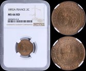 FRANCE: 2 Centimes (1892 A) in bronze. Obv: Laureate head facing left. Rev: Denomination. Inside slab by NGC "MS 66 RD". Top grade in both companies. ...