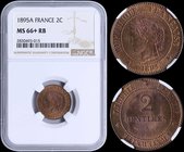 FRANCE: 2 Centimes (1895 A) in bronze. Obv: Laureate head facing left. Rev: Denomination. Inside slab by NGC "MS 66+ RB". Top grade in both companies....