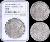 GERMAN STATES / SAXONY-ALBERTINE: 1 Taler (1593 HB) in silver. Obv: Figures of Christian, Johann Georg & August. Rev: Helmeted arms. Inside slab by NG...